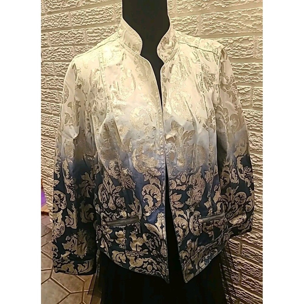 Chicos Womens Denim Jacket 1 White to Blue Dip Dye Metallic Art Long Sleeve